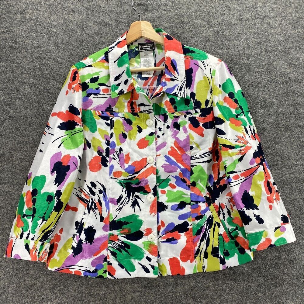 Southern Lady Jacket Women M Medium White Geometric Button Up Collared Casual